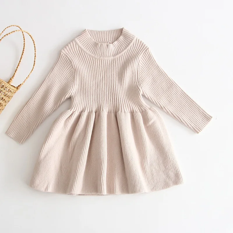 B91Q02 Khaki Одежда с рисунком вишни вязаное платье для девочек осенне-зимнее детское платье с длинными рукавами для маленьких девочек, теплое хлопковое платье принцессы - Цвет: B91Q02 Khaki