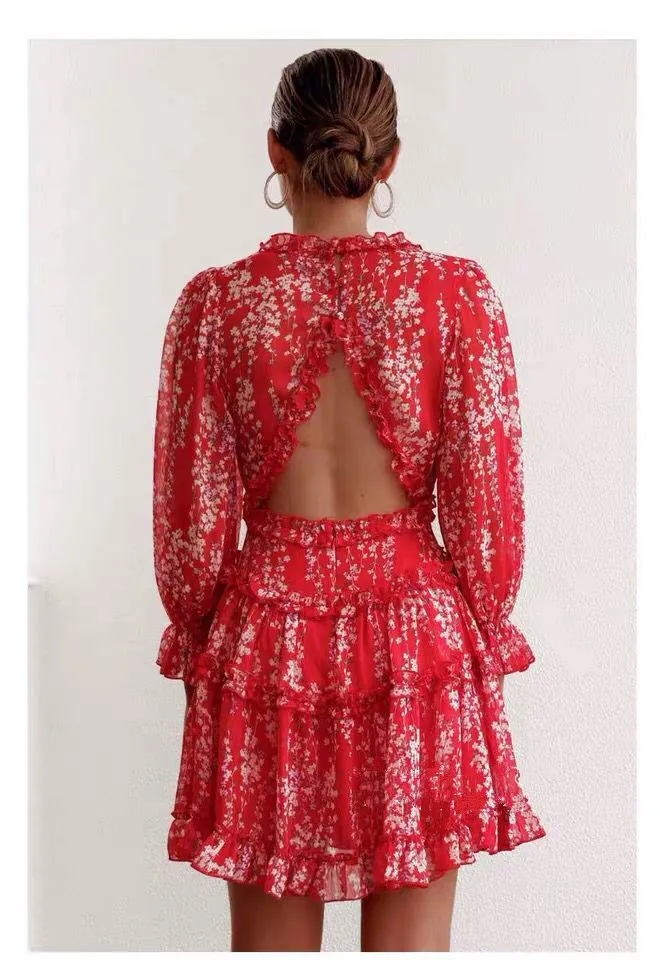 

free shipping 2020 joocar sexy women summer v neck print backless long sleeve folds dress JC1424