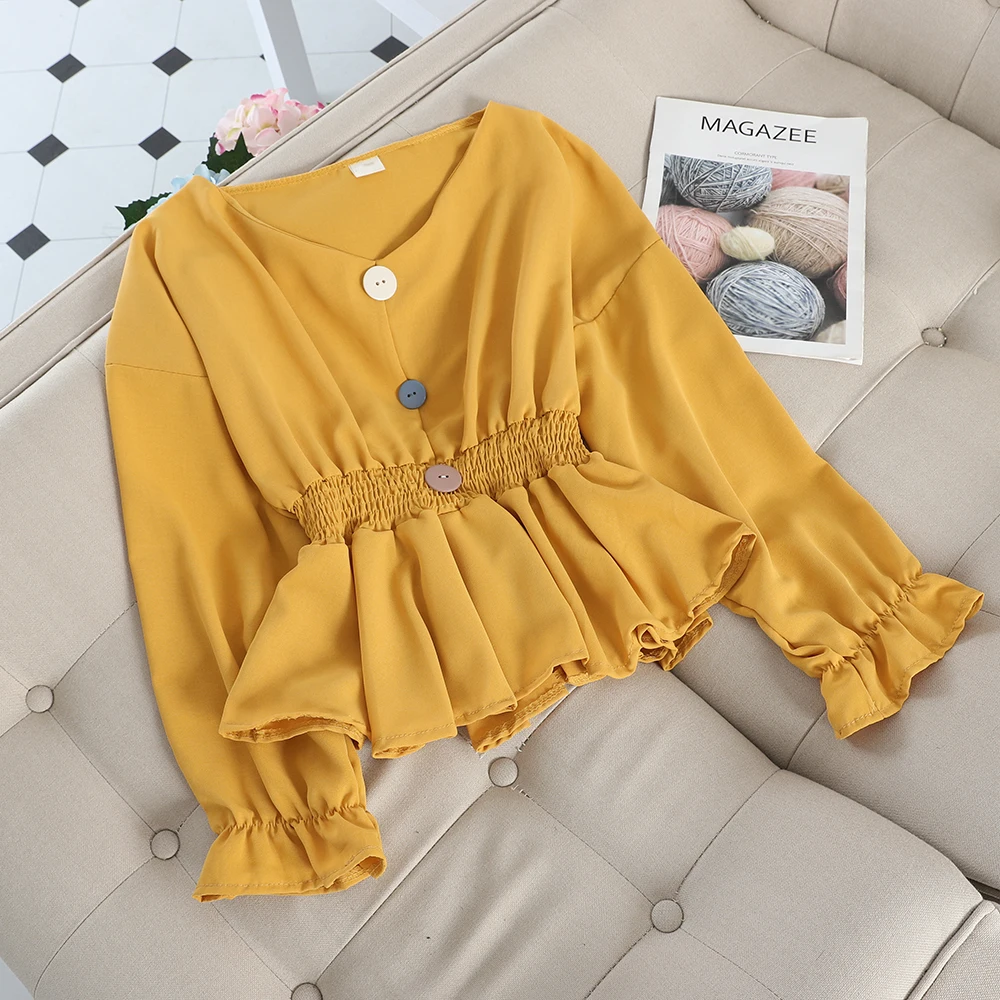 Women Blouse Shirts Элегантный женский расклешенный рукав v-образным вырезом Базовая шифоновая рубашка с оборками винтажный эластичный тонкий кардиган кнопка плиссированный пуловер, блузка, Топ - Цвет: Women Blouse Shirts