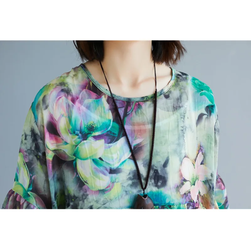 

Summer 2021 Short Sleeve Casual Long Dress Women Elegant Large Size Lotus Floral Pattern Vintage Beach Boho Ladies Chiffon Dress