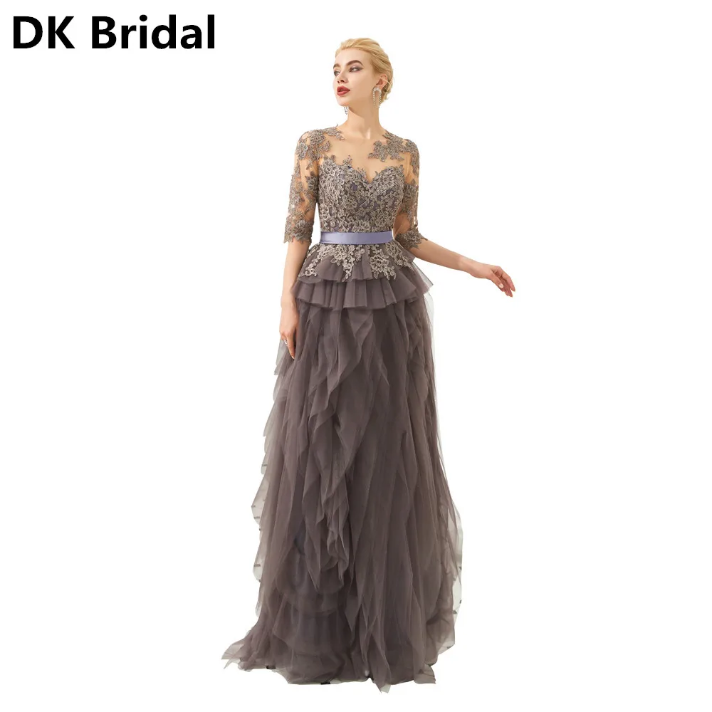

2019 New Custom Made Elegant A-Line Illusion Evening Dresses Lace Half Sleeve Robe De Soiree Long Gown Special Occasion Dress