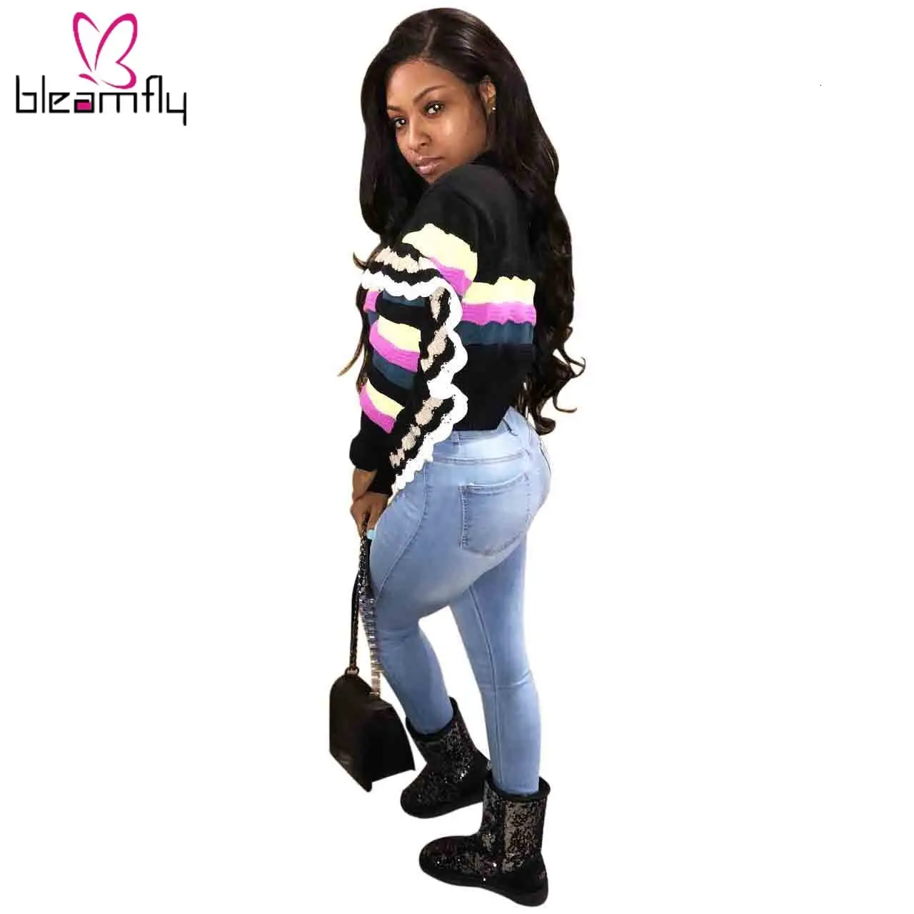 Новинка женский летний вязаный свитер с оборками длинным рукавом в радужную