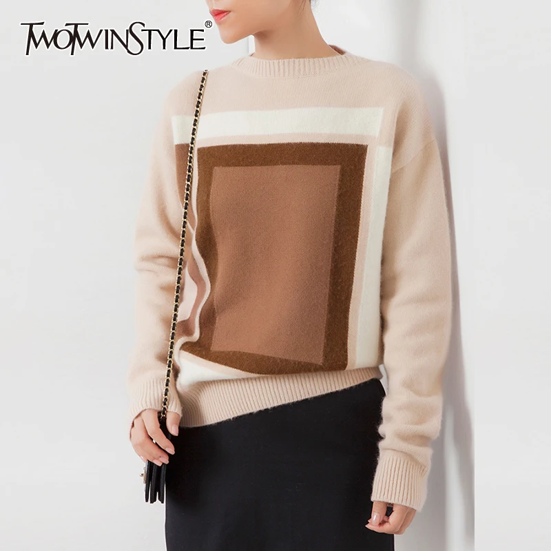 TWOTWINSTYLE вязаный геометрический женский свитер круглый вырез длинный рукав