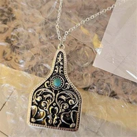 tiny cow tag stamped western necklace for women men turquoise stone floral boho rodeo style cowgirl jewelry cattle tag necklace