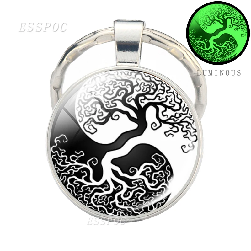 Модный металлический брелок Инь Ян кошка дерево жизни светящийся стеклянный