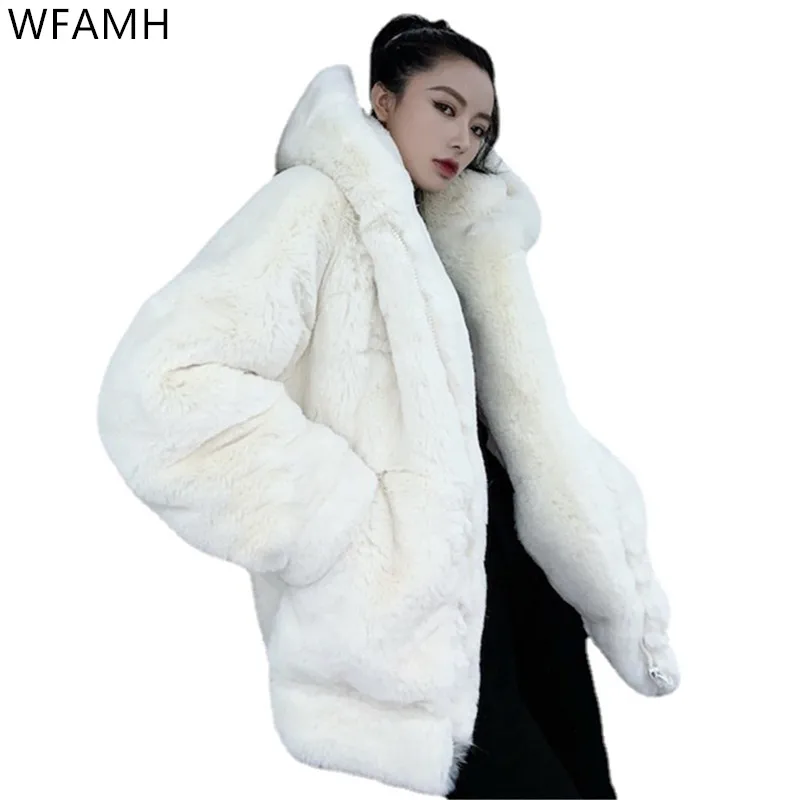 Loose Plush Fur Coat Women 2023 Winter New Thick Fashion Hoodie Coat Imitation Rex Rabbit Mid-length Thick Warm Fur Pockets