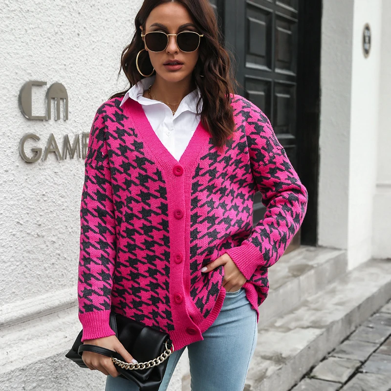 

Elegant Houndstooth Knit Cardigan Women Autumn 2021 V-neck Long Sleeve Loose Large Size Jacket sweater oversized cardigan