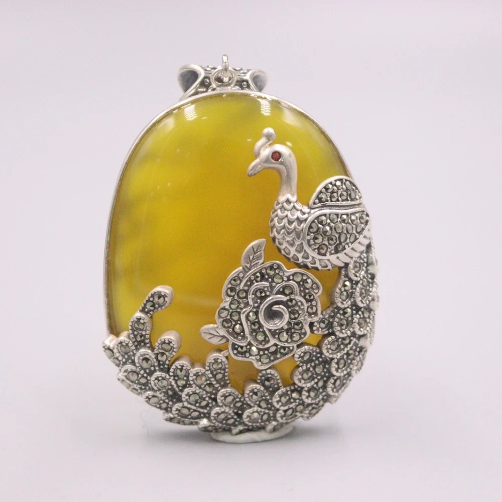 

Pure 925 Sterling Silver Pendant 60x40mm Yellow Chalcedony Peony Flower And Peacock Pattern Charms For Woman