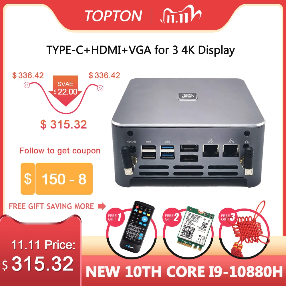 TOPTON горячий мини ПК Windows 10 Intel i9 10880H 8 ядер 16 ниток 2 * DDR4 M.2 NVME Lan Barebone PC DP HDMI HTPC NUC 4K