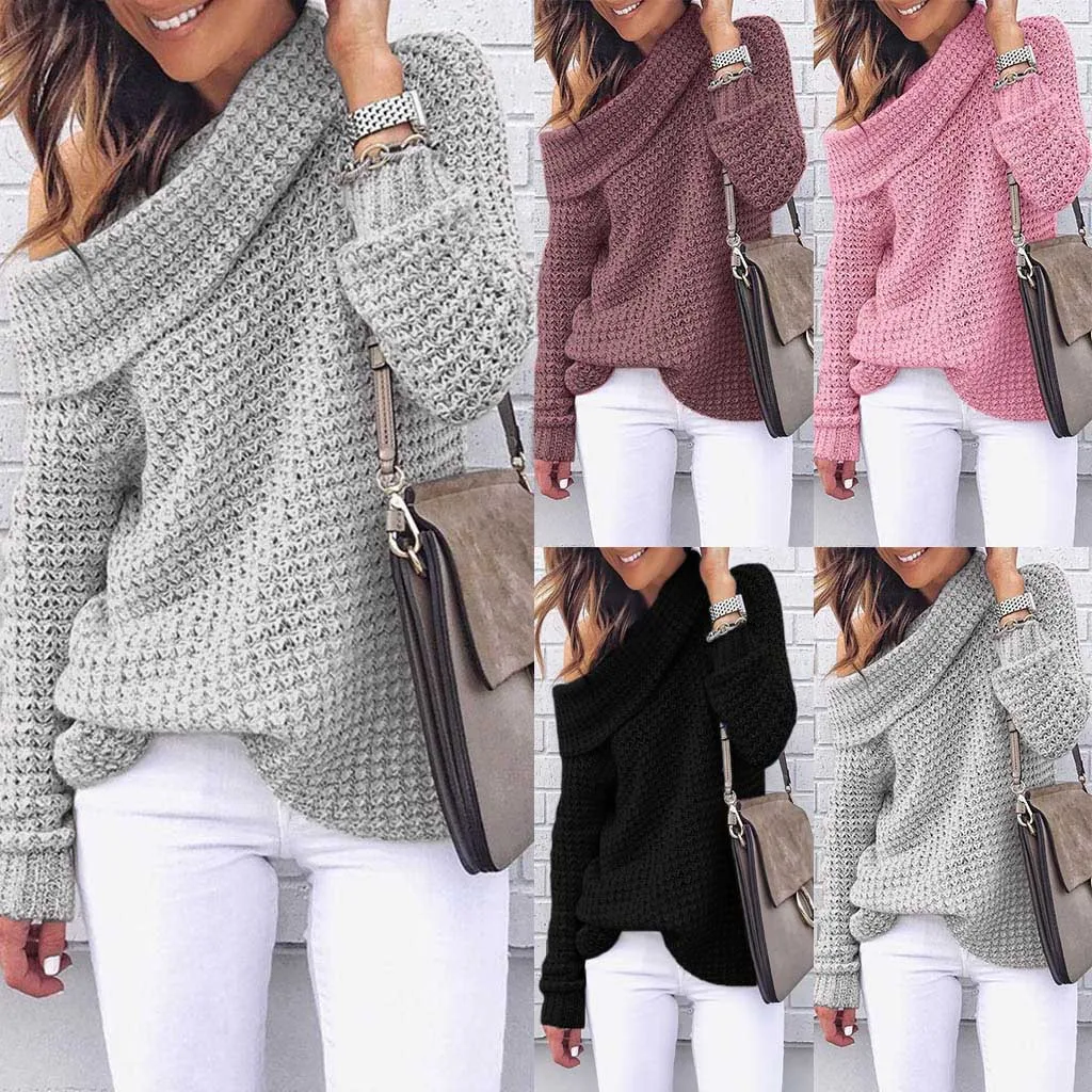 Женское плечо вязание свитера пуловер с длинным рукавом сексуальные топы