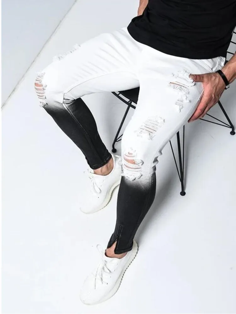 

Jeans Mannen Ripped Skinny Jeans Potlood Broek Motorfiets Wit Gradient Ramp Casual Broek Kleding Mode Denim Jogger Broek