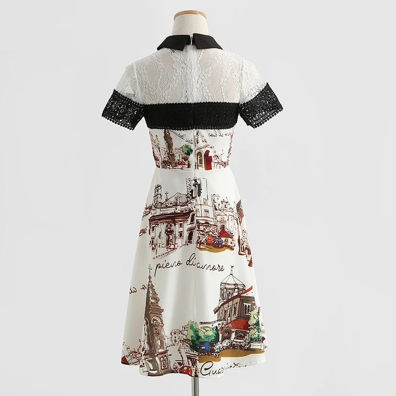 

New Summer Short Sleeve Lace Patchwork Print Runway Women Dress Peter Pan Collar Vintage Casual Aline Holiday Vestidos Female