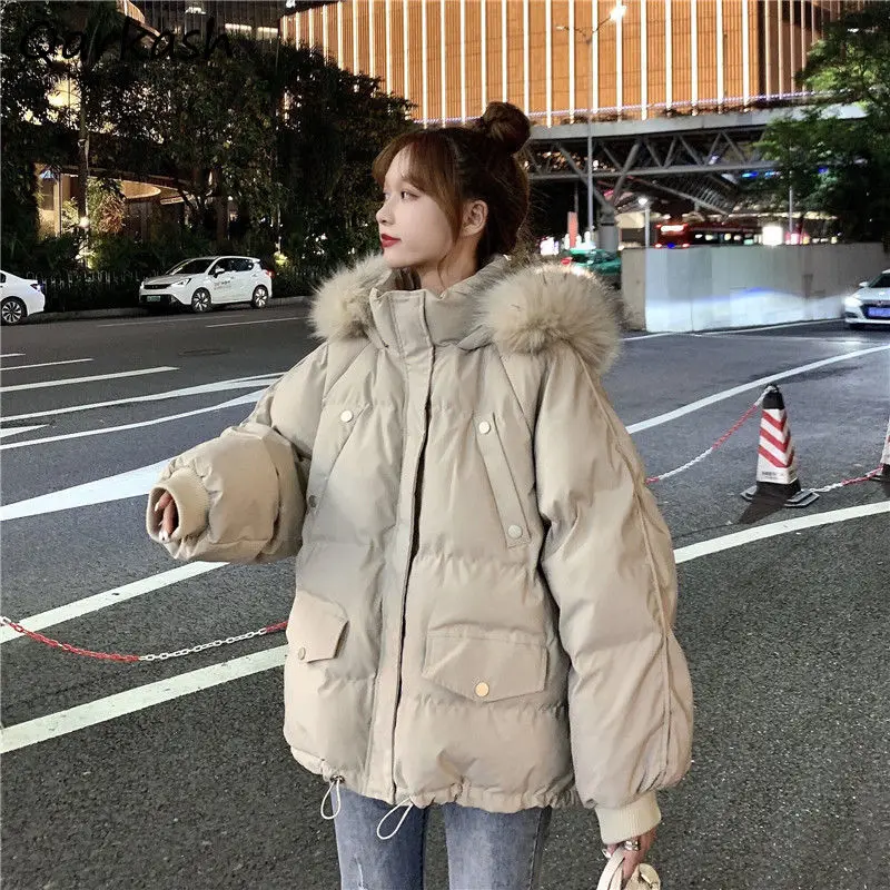 

Parkas Women Hooded Fur Collar Fashion Solid Korean Version Mujer Winter Simple Student Classy Harajuku College Ladies Hot Sale