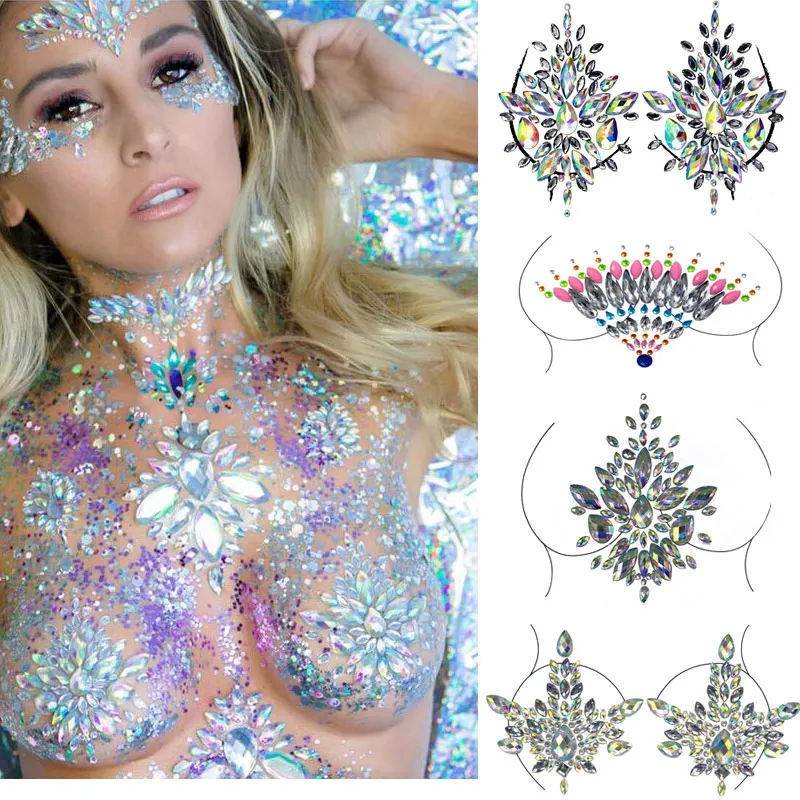 Crystal Sexy Chest Jewels Temporary Tattoo Sticker 3D Stage Rhinestone Flash Tattoos Adhesive Face Jewel Chest Gem Body Paint