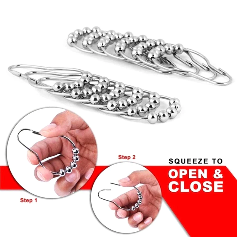 

12Pcs/Pack Hooks Glide Rings Convenient Home Bathroom Accessories Stainless Steel Curtain Hooks Bath Rollerball Shower Curtains