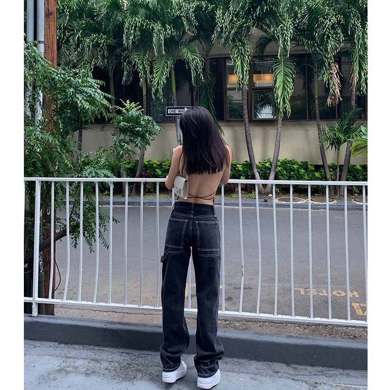 2020 High Waist Straight Jeans Women Boyfriend Overalls Loose Wide Leg Denim Pants Washed Retro Autumn Winter Long Jean New | Женская