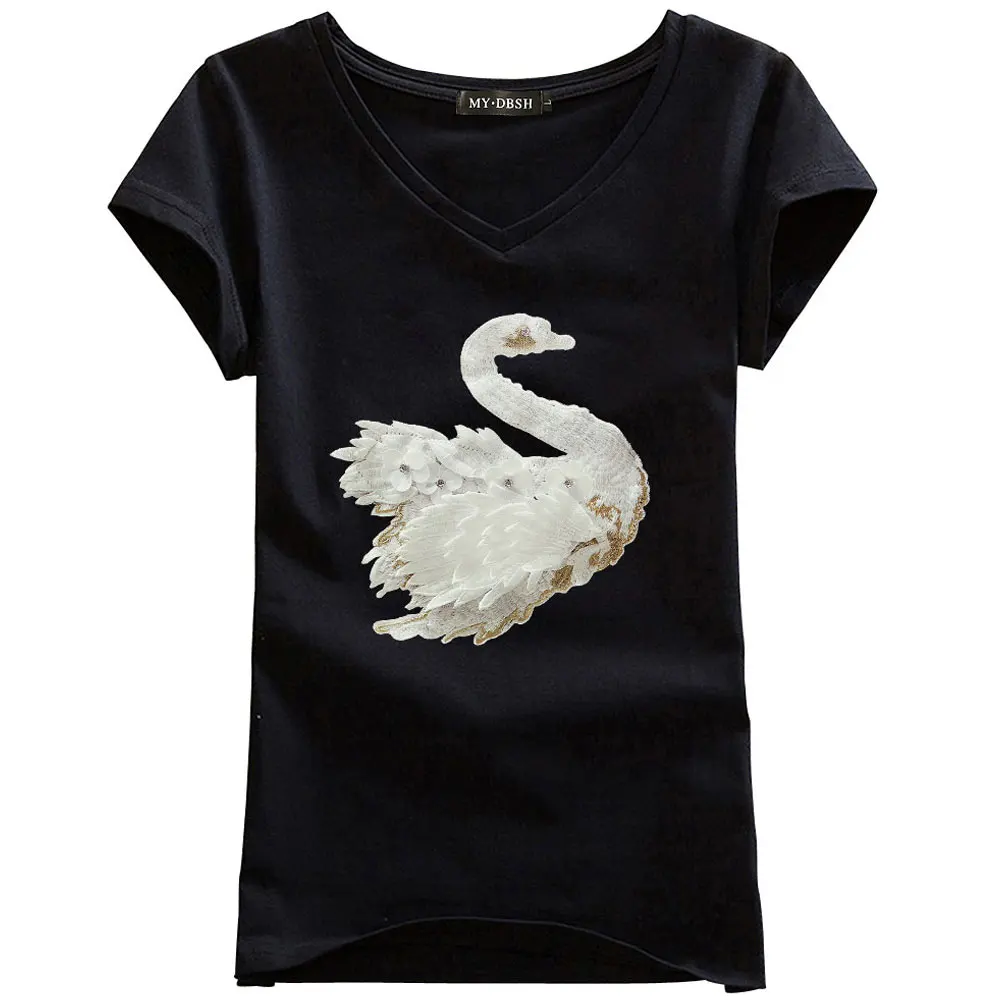 2019 Летняя мода Лебедь перья блестки вышивка короткий рукав Футболка женская