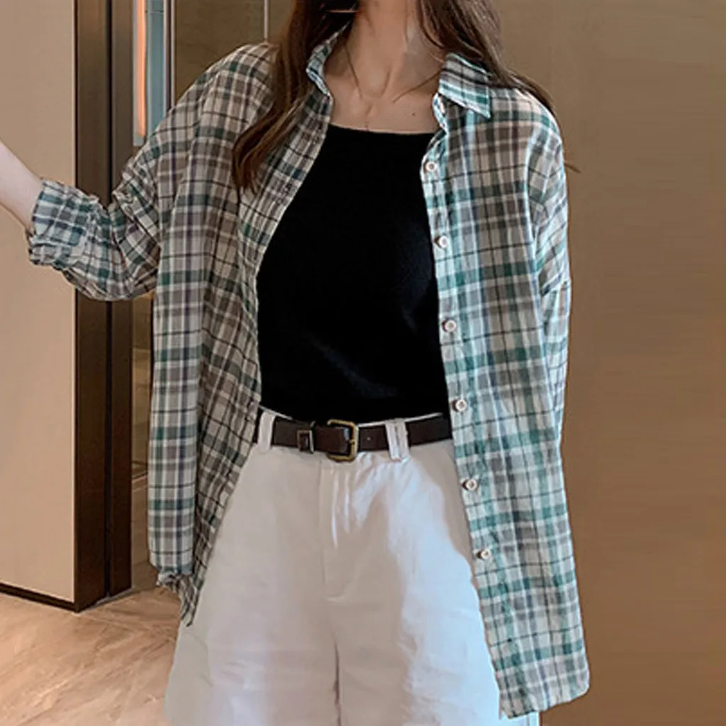 Модная женская рубашка с длинным рукавом в клетку повседневные топы однотонные