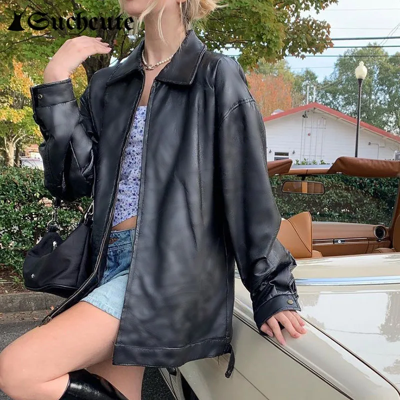 

SUCHCUTE Fashion Zipper Black PU Leather Women Jacket Harajuku Punk Style Hight Street Overcoat Autumn Winter Female Coat 2021