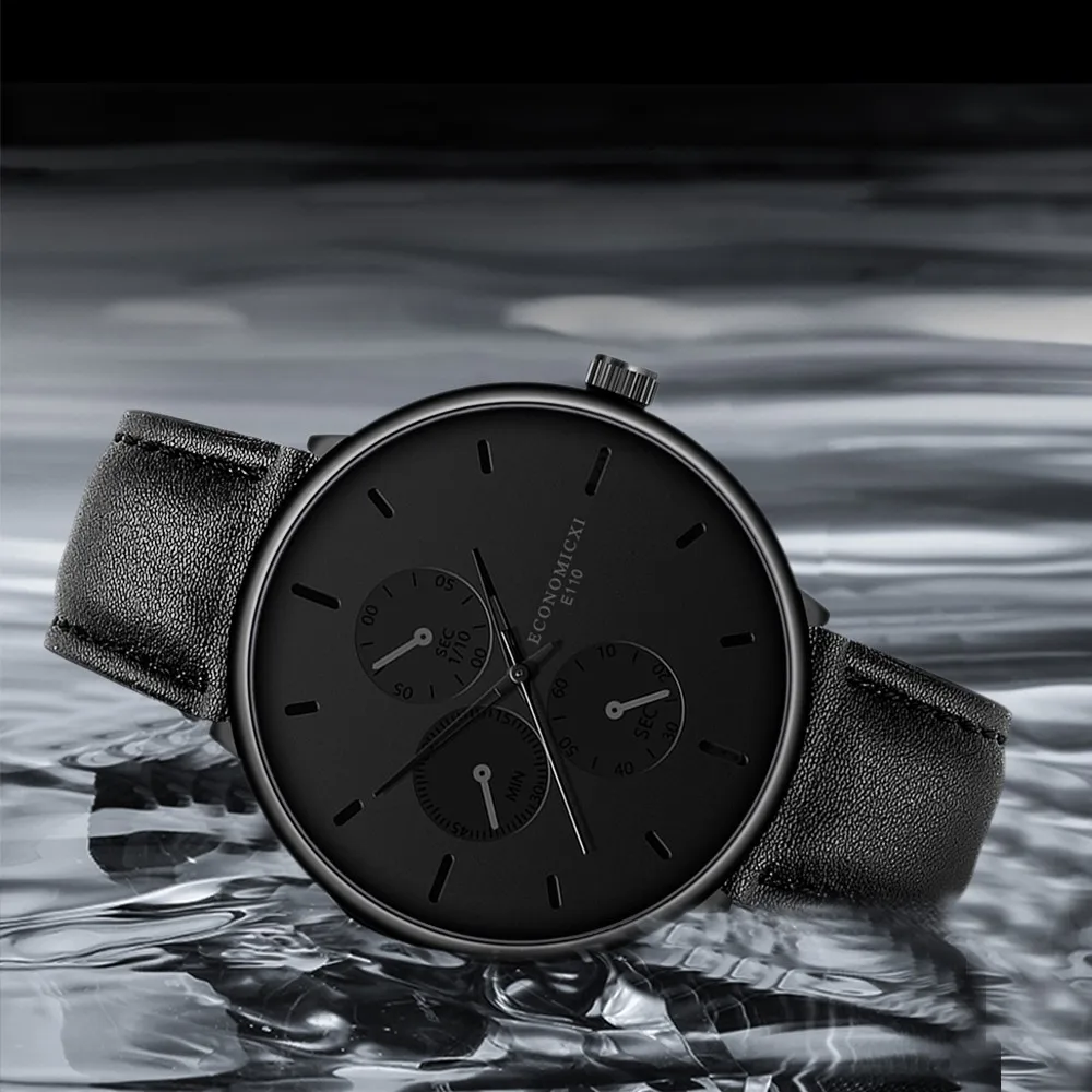 

Simple Geometric Round Men's Quartz WristWatch Business Casual Single Calendar Leather Strap Life Waterproof Relogio Masculino