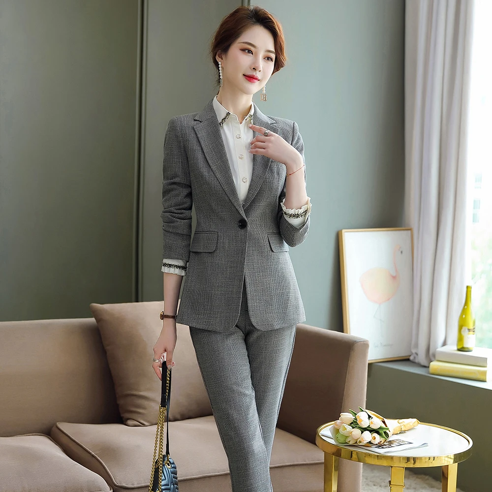 Деловой брючный костюм для женщин зелено серый классический блейзер офиса и