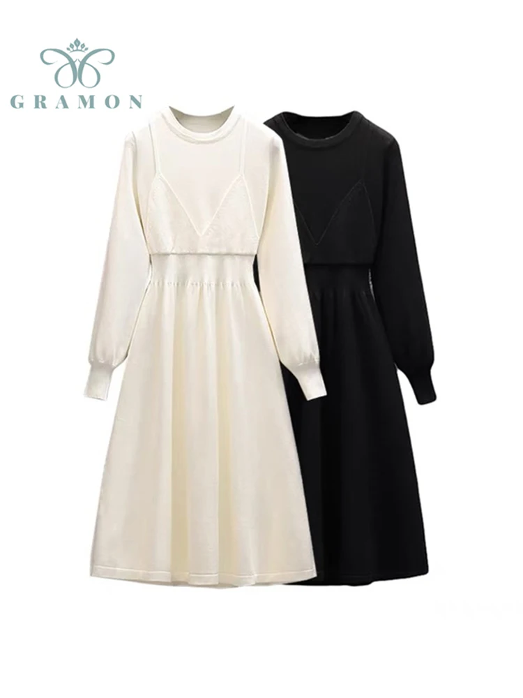 

Knitted Vestidos Woman Lager Size Autumn Winter Korean Fashion Fake Two Pieces Solid Color Long Sleeve A-line Midi Dress Mujer