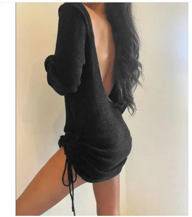 

Women Autumn Outfit, Simple Solid-Color U-Neck Long-Sleeves Backless Knitting Skirt with Drawstring Hemline for Girls