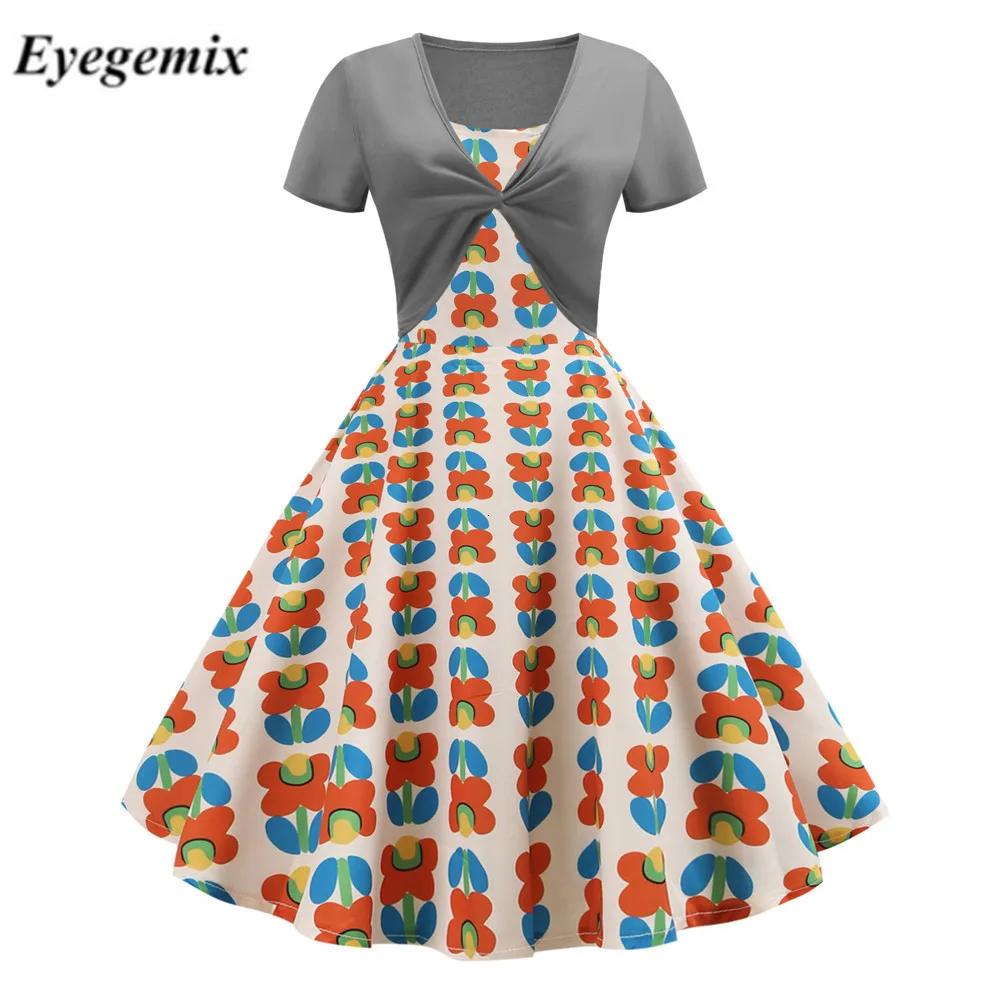 Women Fall Two-piece Patchwork Floral Print Dress Elegant 50 S 60 Vintage Business Party Formal Office Plus Size Work Dresses | Женская
