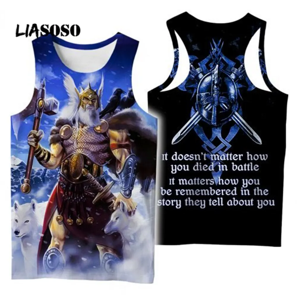 

LIASOSO Odin Viking 3D Almighty Brothers Vest Harajuku Tattoo Art Streetwear Novelty Men's Sleeveless Top Summer Jogger Shirt