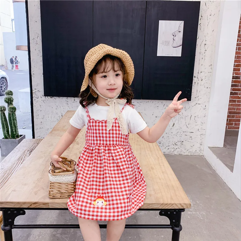 Thunderers Summer Girl Clothing Set White Shirt With Red Plaid Dress Embroidery Cartoon Cotton Toddler Baby Clothes Suit 3Y-7Y | Мать и