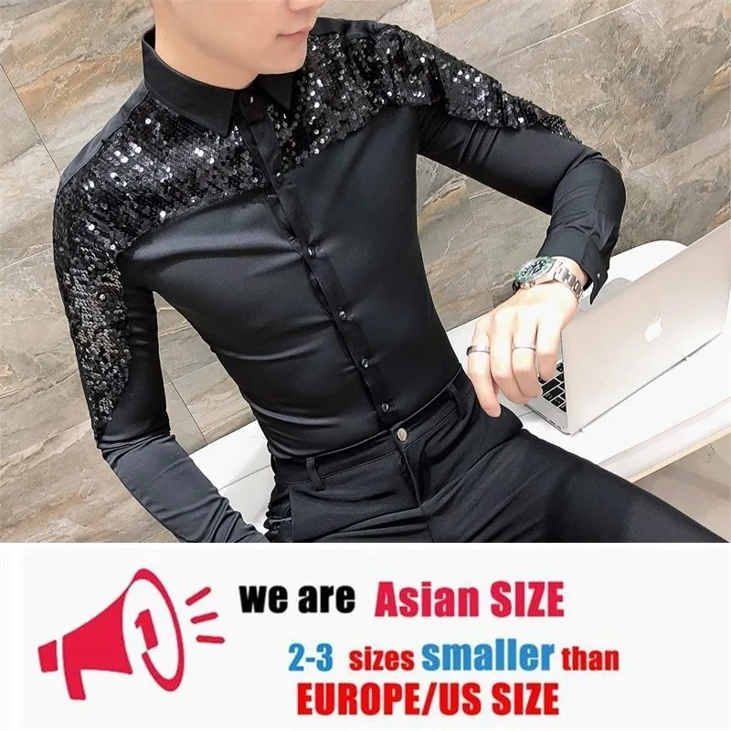 black Brand Slim Fit Men Shirt Korean Fashion Paillette Shirt Long Sleeve Casual Shirts Night Club Party Prom Dress Shirt camisa - Цвет: black