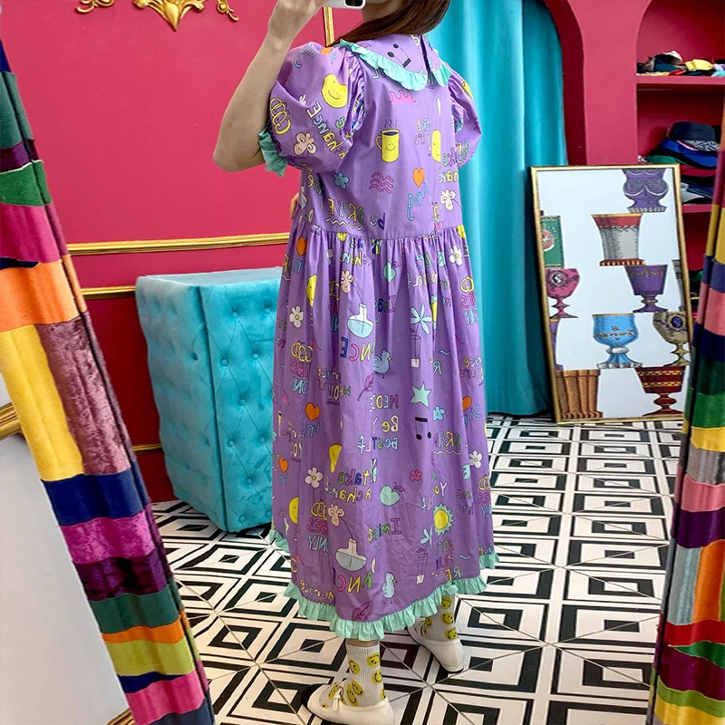 

2021 new childlike age reduction color matching lotus leaf doll collar sun flower print dress female