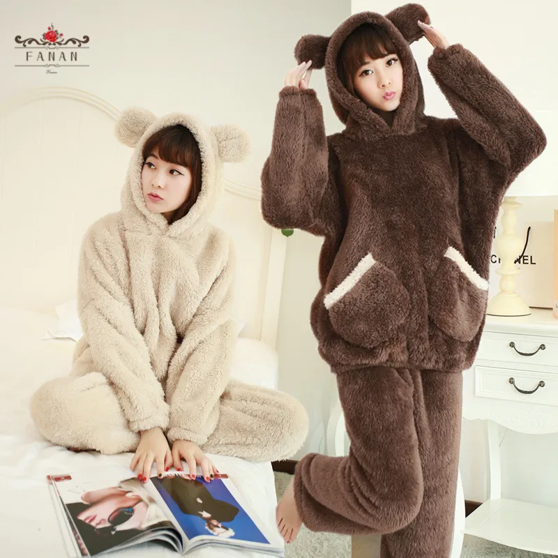 

Women Pajamas Thicken Warm Bear Nightgowns for Teens Girls Sleepwear Winter Casual Cute Ear Loose Fashion New Female Homewear