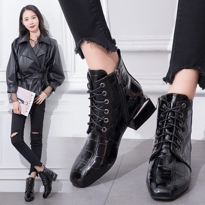 2021 autumn new patent leather Martin boots women's belt single shoes square head low-heeled stone ankle | Обувь