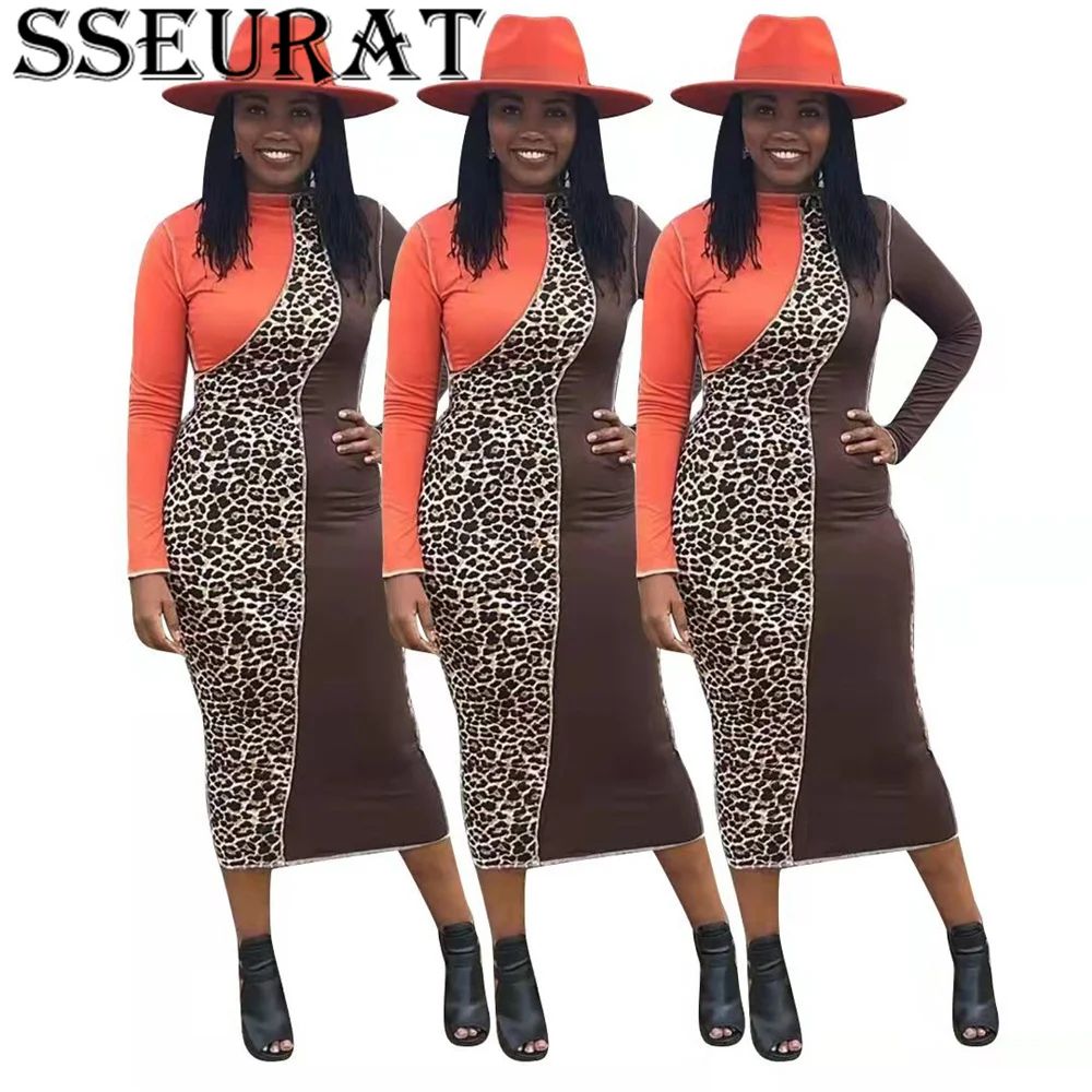

SSEURAT Women Leopard Print Patchwork Long Sleeves Bodycon Midi Dress Sexy Club Night Dresses