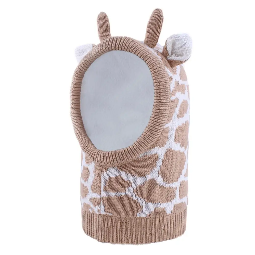 Khaki-Giraffe Милая вязаная зимняя шапка с героями мультфильмов для маленьких мальчиков и девочек; флисовая подкладка; шапка с капюшоном и ушками; детская зимняя теплая шапка - Цвет: Khaki-Giraffe