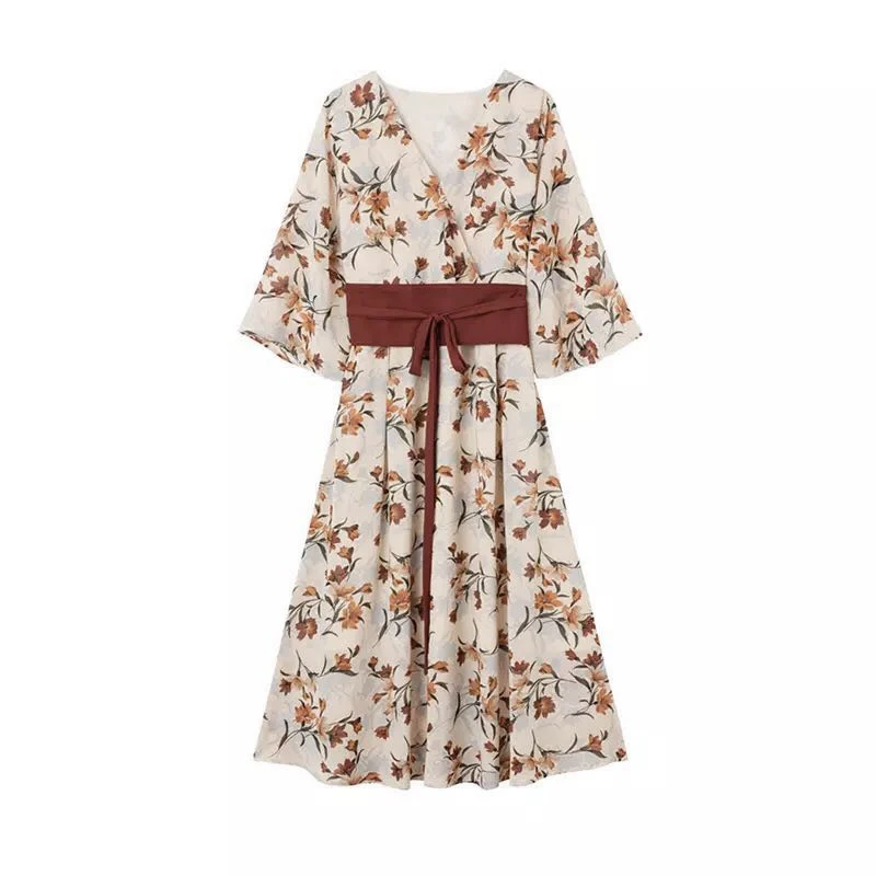 

2021 New Summer Elegant High Waist Korean Three Quarter Sleeve Vintage Floral Print Retro Long Dress Women Fashion Clothing