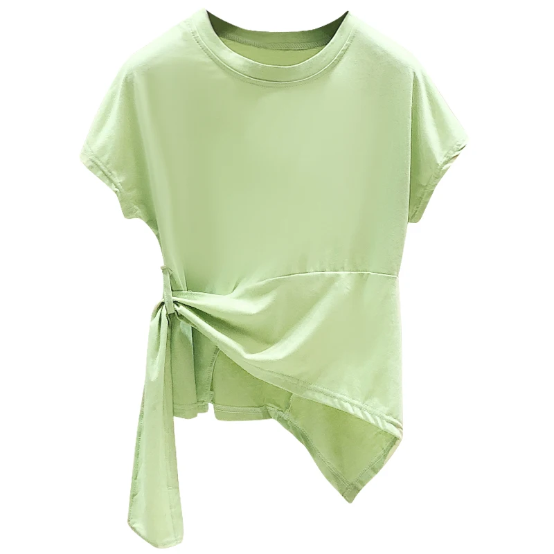 

Green Tshirt Woman 2021 Summer New Ins Popular Design Drawstring Hem Round Neck Short Sleeve T-shirt Lady Casual Tops