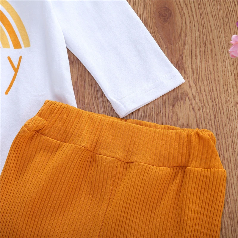 

2020 Infants Baby Spring Autumn Clothing Baby Boy Long Sleeve Letter Rainbow Printed Tops Romper Pants Bow Headband 3PCS Clothes