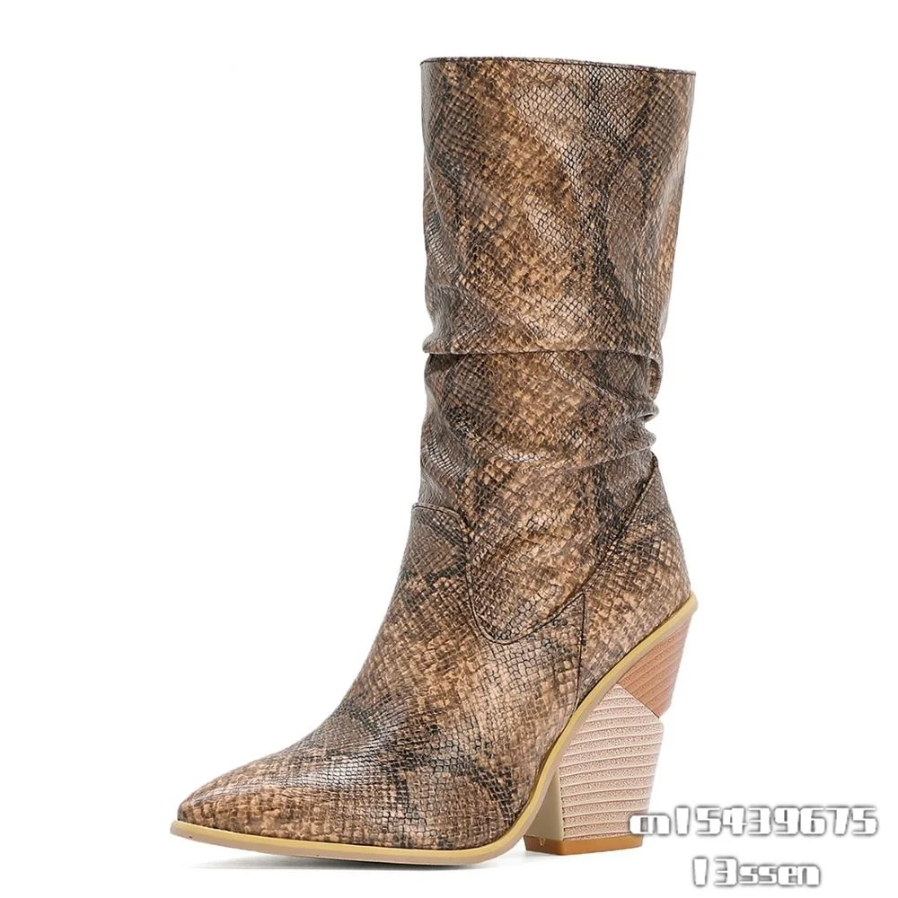 

Mid-calf Boots Women 2021 Autumn Winter Short Plush Slip-on Thick High Heel PU Leather Female Shoes Big Size 34-48