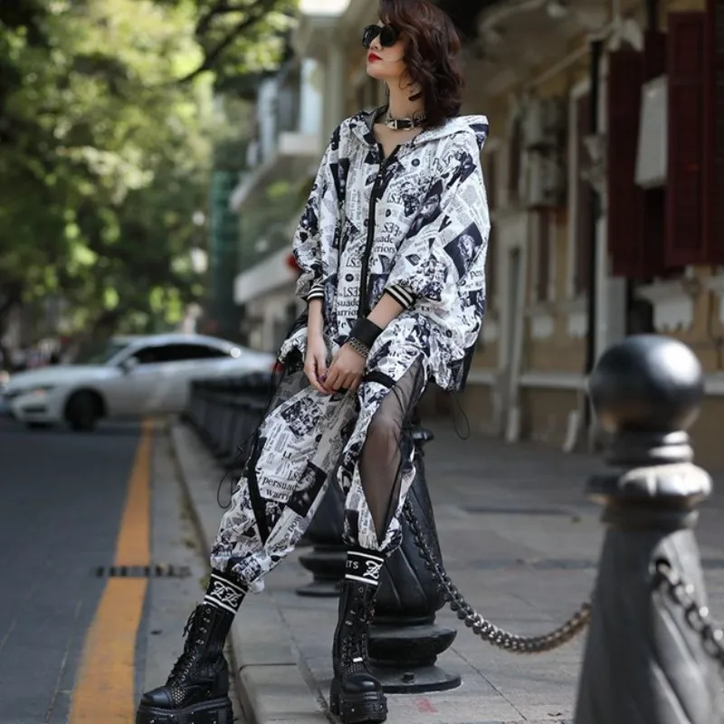 Female Summer Suit Loose Mesh Splice Tops Harem Pants Set Street Print Hooded Jacket Elastic Waist Trousers 2 Piece Outfits