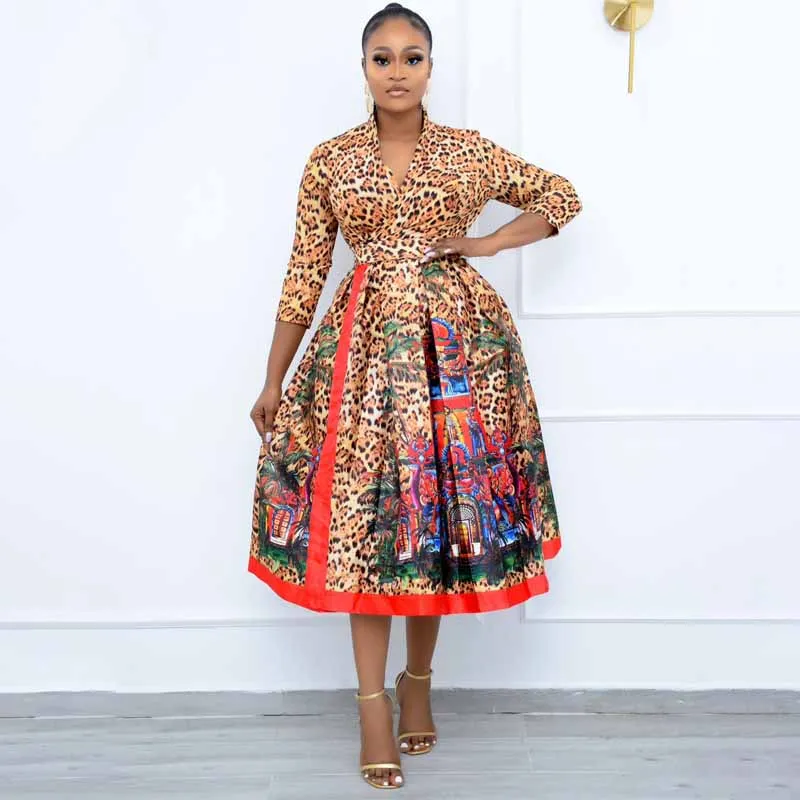 

Maxi Dresses For Women Leopard Print Long Sleeves Party Evening Gown Plus Size African Clothes Boubou Oversize Femme Vestidos