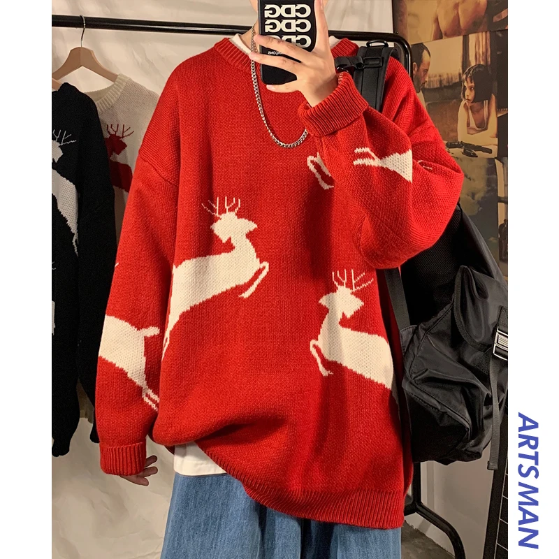 

Red Christmas sweater new 2021 hot-selling Hong Kong style trend loose couple warm liner sweater men