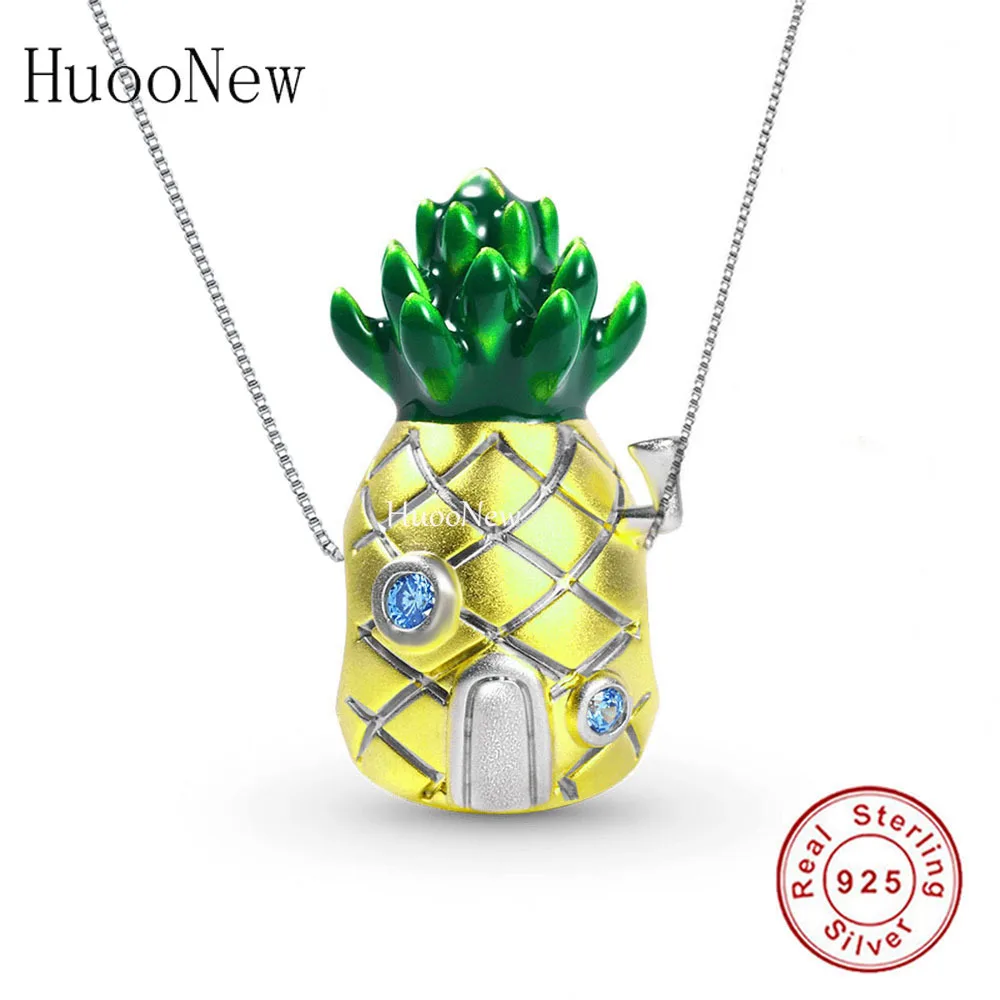 

925 Sterling Silver Yellow Fruit Pineapple House Beaded Pendant Statement Necklace For Women Chain Choker Trinket 2021 Trends