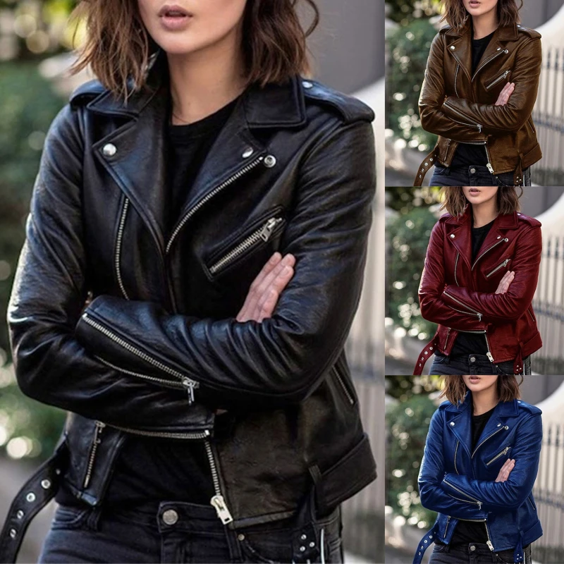 

PU Faux Leather Jacket Women Slim Sashes Casual Biker Jackets Outwear Female Tops BF Style Black Leather Jacket Coat