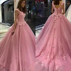 Изысканное бальное платье vestido de noiva, розовое Тюлевое кружевное платье с бусинами и аппликацией на бретелях, Длинные пышные платья Quinceanera