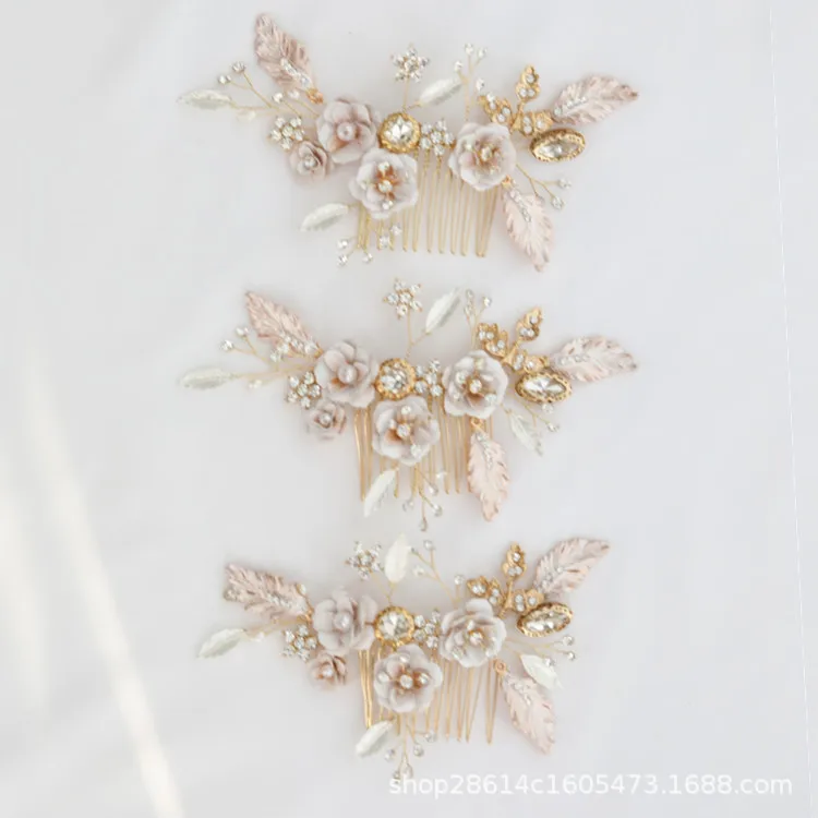 

Wedding Accessories Pearl Beads Porcelain Hair Combs Pins Flower Leaf Headpieces Gold Color Hairpins Women Bride Bridal Jewelry