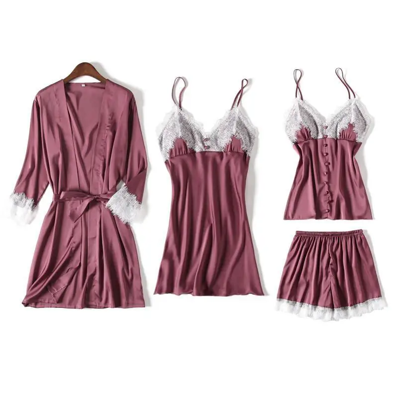 

Sleepwear Women 4PCS Kimono Bathrobe Gown Intimate Lingerie Satin Sexy Homewear Sleep Set Lace Casual Wedding Robe Set Nightwear