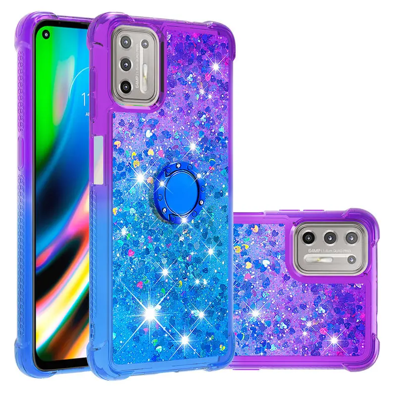

Silicone Case For Motorola Moto G9 Plus Fashion Gradient quicksand With ring Shockproof Cover For Moto E6 Plus Phone Cases