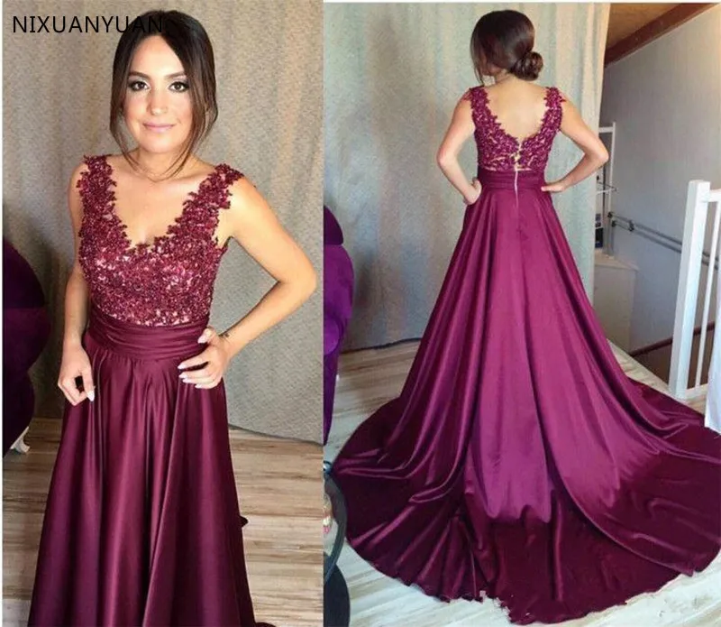 

Satin Prom Dress with Lace Top V-Neck Court Train Backless Custom Made Formal Prom Party Gowns Vestidos De Soriee